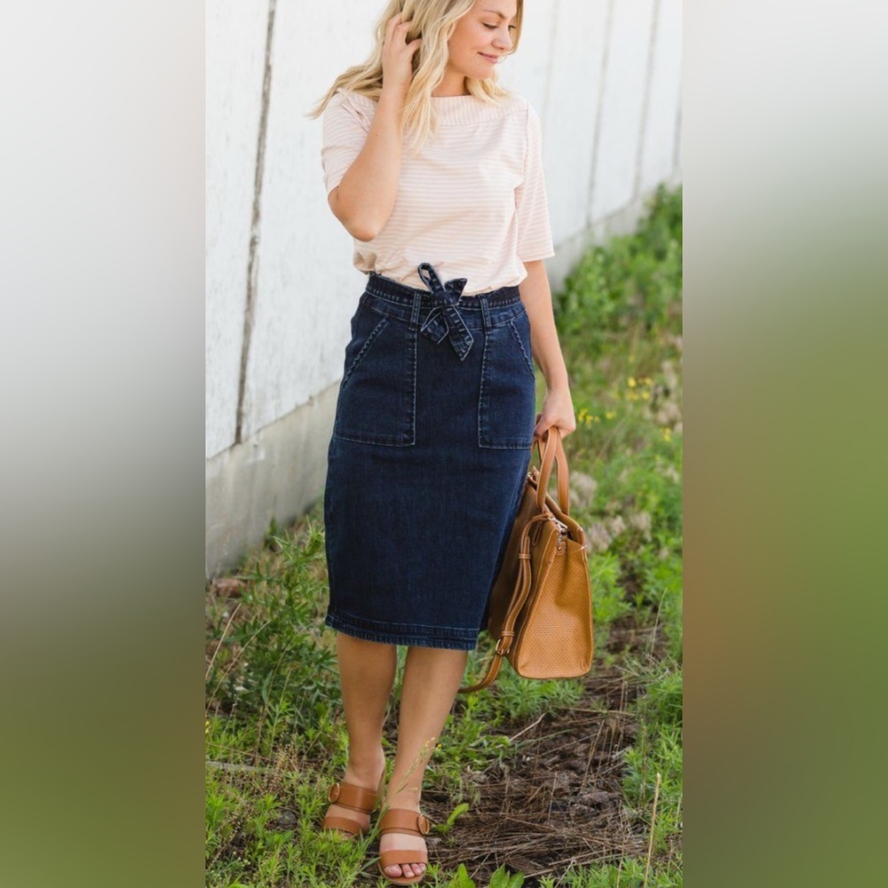 Inherit Co Emma Paper Bag Tie Midi Denim Jean Skirt
